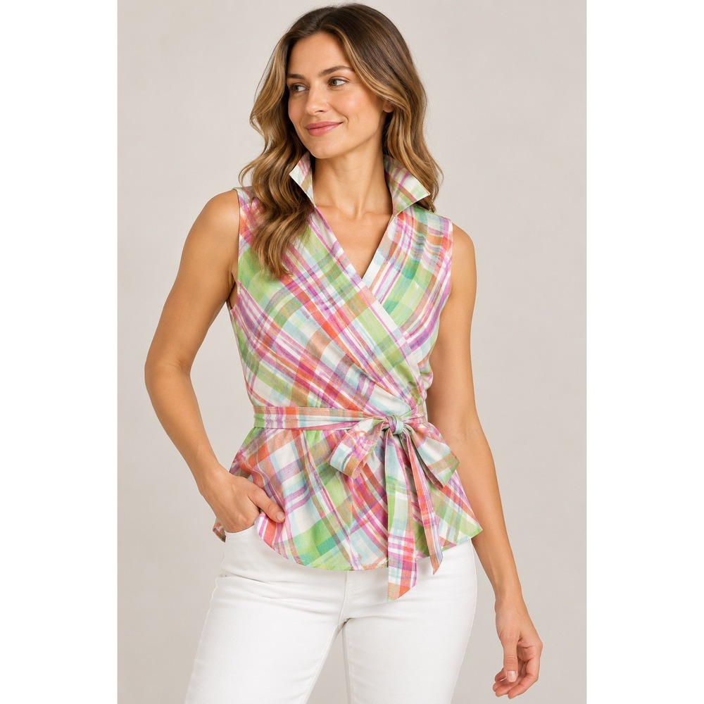 Lauren Ralph Lauren Wrap Top Women XL White Multi Plaid Linen Blend Peplum Top